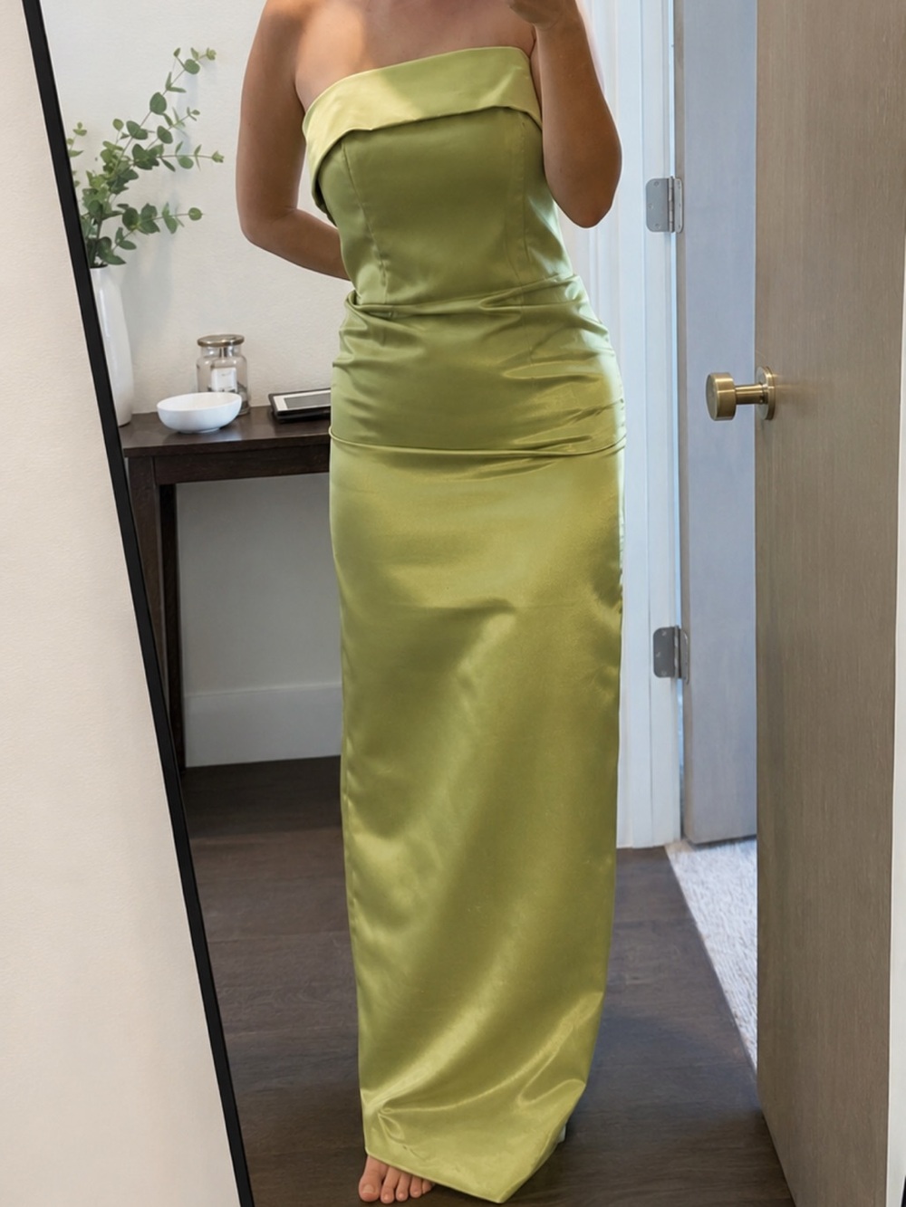 Strapless Satin Evening Gown in Light Green